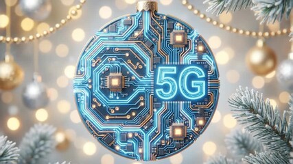 Rotating 5G circuit board ornament amid golden lights and fir branches. Festive technology ball animation for holiday digital innovation concept. video footage video footage - Powered by Adobe