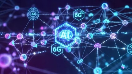 Animated digital network linking AI and 6G nodes. Futuristic visualization of wireless data flow and artificial intelligence connectivity in technology integration. video footage video footage - Powered by Adobe