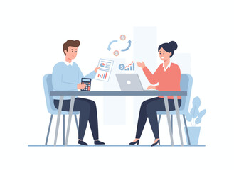 Illustration of a financial advisor and bank consultant assisting a client with financial analysis and tax law, depicted as a flat vector graphic on a white background