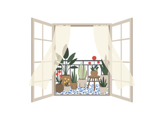 Fototapeta premium Illustration of a flat vector home balcony garden featuring potted green plants, a cozy terrace interior with numerous houseplants in planters and flowerpots, an urban jungle on the veranda visible