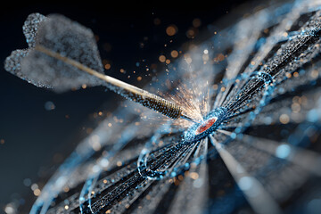 Smart goal setting, dart hit the center of dartboard glowing blue. Low polygon, particle, and triangle style design.Wireframe light connection structure.