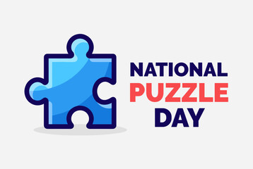 Bright blue puzzle piece vector with bold National Puzzle Day typography on clean white background.