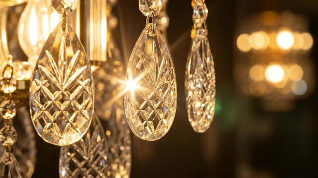 Crystal chandelier sparkling with golden lights in elegant animation sequence. Faceted drops reflecting illumination progressively from dim to bright glow. Luxury lighting fixture and interior