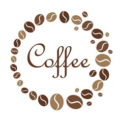 Wreath of coffee beans on a white background. Coffee bean frame and text