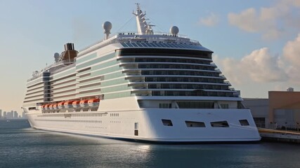A massive cruise ship docked at a port, capturing the allure of luxury travel and leisure. The ship's clean lines and multiple decks suggest a journey of relaxation, adventure. Stock Video