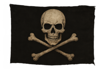 Jolly roger pirate flag featuring skull and crossbones, symbolizing danger, adventure, death, and piracy on a black background