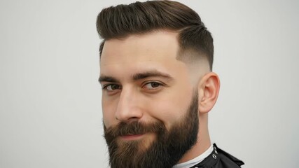 Transformation of a beard trim and fade haircut on brownhaired man in barbershop