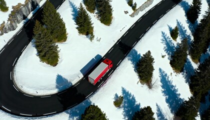 Aerial drone shot of red truck navigating dangerous winding switchback road in snowy Alps mountains