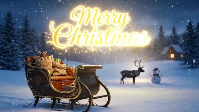 Animated golden Merry Christmas text appearing over snowy sleigh and reindeer in winter forest. Holiday greeting with gift bags, snowman, and wooden house under starry sky. video footage video footage