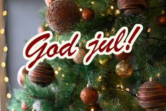 God jul! &ndash; Elegant Swedish & Norwegian Christmas Card with Bronze & Gold Tree