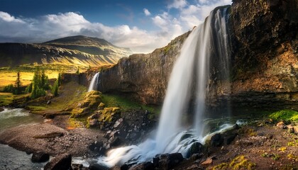 dramatic waterfall cascading down rocky cliffs