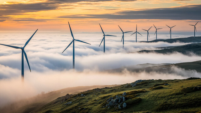 Wind turbines in foggy landscape during sunset in rural area   - Powered by Adobe
