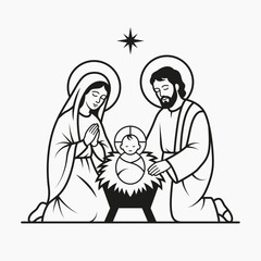 Nativity Scene with Holy Family, Mary, Joseph, and Baby Jesus. Lineal illustration.