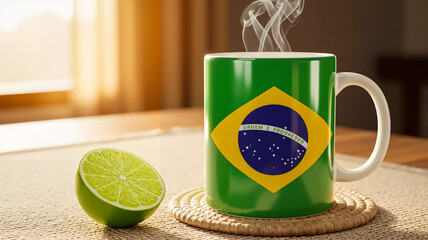 Green mug with Brazilian flag and lime on wooden table indoors