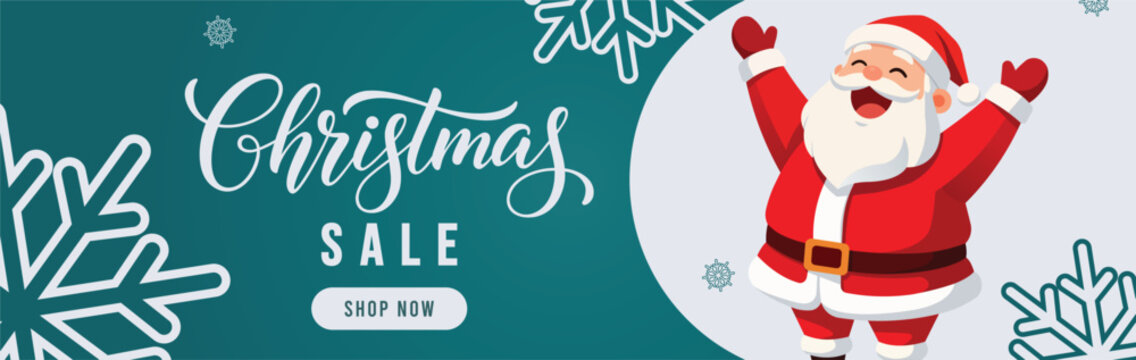 Festive Christmas sale banner with joyful Santa Claus illustration, teal background, large hand-lettered Christmas typography, snowflakes and shop now button, modern holiday shopping promotion for web