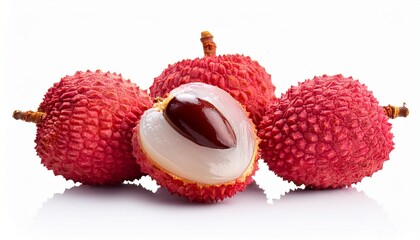 fresh ripe red lychee fruit with spiky skin cut in half isolated on white background