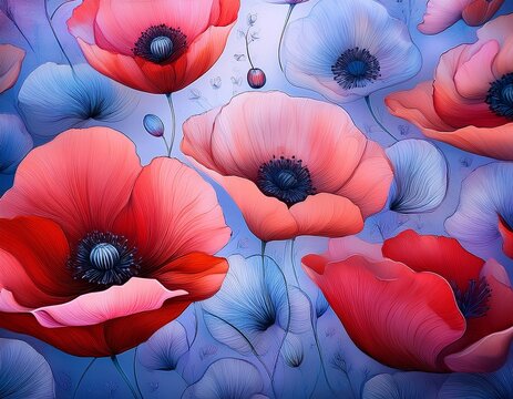 seamless pattern of abstract background with red poppy flowers black centers and soft blue and violet shades on textured surface with artistic dreamy style - Powered by Adobe