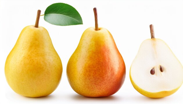 a ripe yellow pear with a leaf and a slice isolated on white background