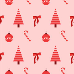 Seamless Christmas pattern with Christmas trees, canes and bows on a pink background