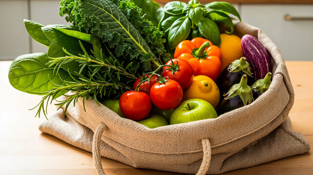 Fresh vegetables and fruits in a natural fabric bag on kitchen table  