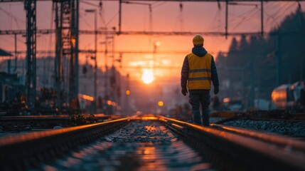 Naklejka premium Railway Worker Walking on Train Tracks at Sunset – Industrial Transportation Scene