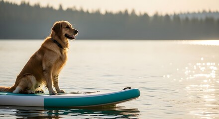 Golden retriever dog sitting calmly on a paddleboard in a calm lake during golden hour for pet adventure and companionship concept and outdoor lifestyle