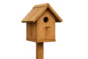 Wooden birdhouse with a round entrance hole and perch, perfect for attracting birds to a garden, transparent background