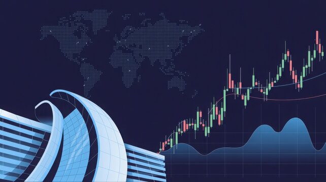 Financial graph indicating market performance with a world map in background. A striking illustration of finance and global investment
