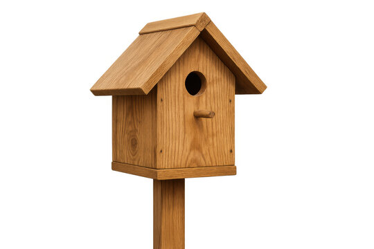 Wooden birdhouse with a round entrance hole and perch, perfect for attracting birds to a garden, transparent background