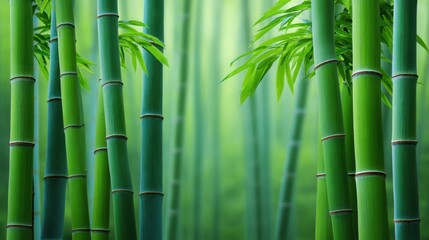 Obraz premium Lush Green Bamboo Forest with Tall Stalks Surrounded by Soft Light and Vibrant Leaves in a Peaceful Environment