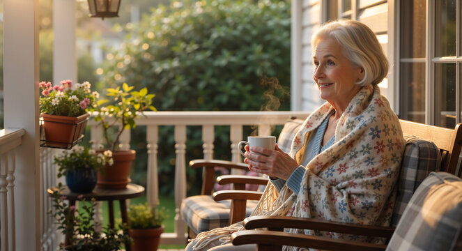 Happy senior woman enjoying a cup of coffee on the porch at sunrise. Elderly female relaxing at home wrapped in a warm blanket - Powered by Adobe