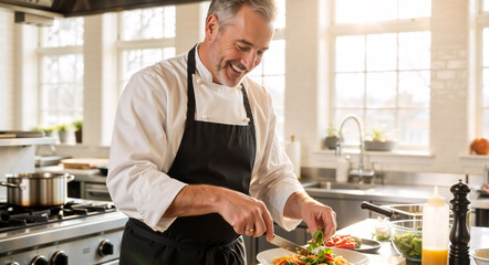 A smiling professional chef preparing a gourmet salad in a sunlit kitchen. Happy middle-aged man plating a healthy meal