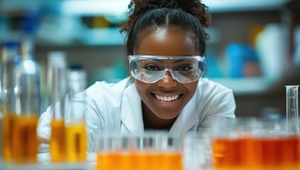 Smiling Scientist Woman Wearing Safety Goggles in Modern Laboratory Setting
