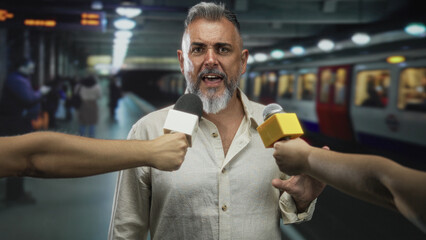 Man speaking into multiple microphones, palm out gesture at train station platform with passing train and reporters nearby; defensive.