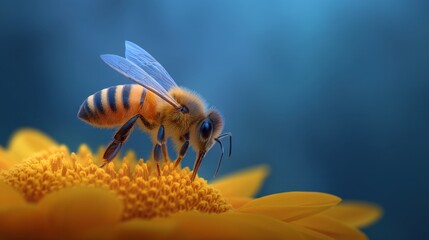 Close-up of a bee gathering nectar from a vibrant yellow flower with a soft blue background, showcasing nature's beauty and pollination process in detail.
