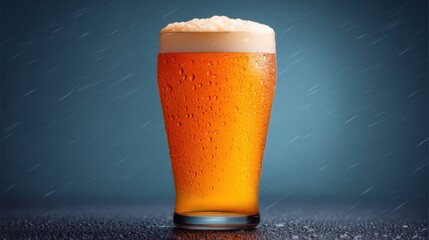 Refreshing Glass of Golden Ale with Foam on Top Set Against a Soft Blue Background Capturing the Essence of a Perfect Beer Moment