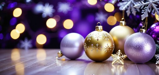 Obraz premium christmas ornaments on wooden surface with bokeh lights, banner, concept of holiday, retail