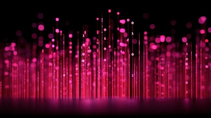 Abstract Digital Background with Pink Light Rays and Binary Code in a Dark Space for Technology and Data Visualization Concepts