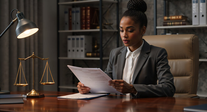 A professional female lawyer working at her desk in a law office. Focused attorney reviewing legal documents with scales of justice nearby