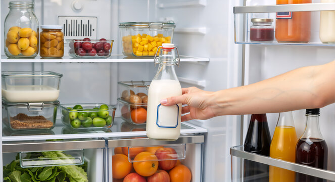 Woman taking a glass bottle of milk from a clean refrigerator. Fridge full of fresh fruit and vegetables in containers. Healthy eating and food storage concept - Powered by Adobe