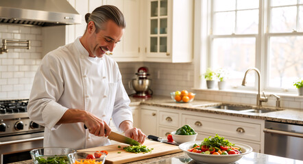 A smiling male chef chopping fresh herbs in a modern kitchen. A professional cook preparing a healthy vegetable salad