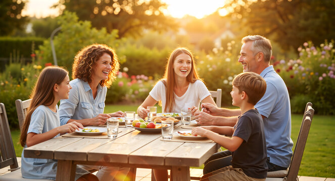 Happy family enjoying an outdoor dinner in the garden at sunset. Multi-generational group laughing and eating together during a summer evening - Powered by Adobe