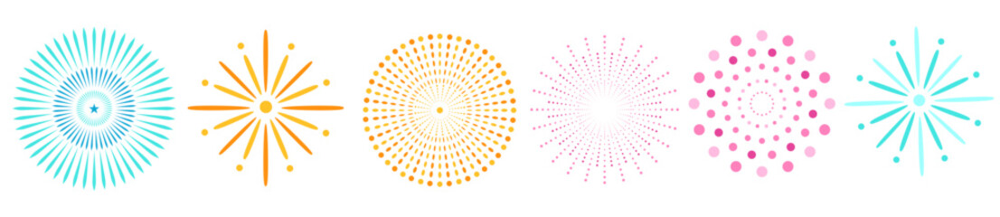 A colorful collection of six stylized firework bursts and sunburst icons with various radial patterns.