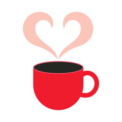 A red cup of coffee, from which steam rises in the form of a heart. Vector illustration for Valentine's Day.	