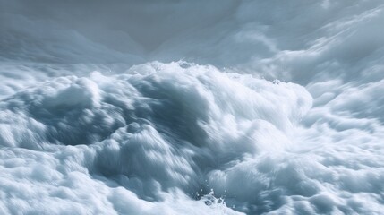 Majestic Waves Crashing Powerfully Against Each Other Creating Dynamic Foam in Bright Blue Ocean Under Soft Light Conditions