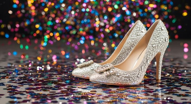 Elegant silver high heels adorned with rhinestones on a confetti covered surface with bokeh lights - Powered by Adobe
