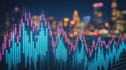Financial data displayed with a cityscape background. The chart illustrates market fluctuations and economic trends