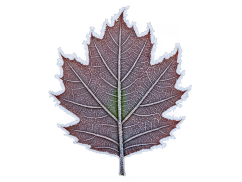 Frozen purple leaf with frosty edges evokes cold winter season serenity transparent background