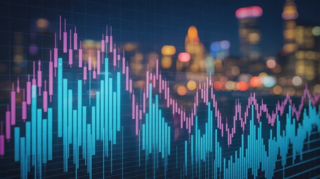 Financial data displayed with a cityscape background. The chart illustrates market fluctuations and economic trends