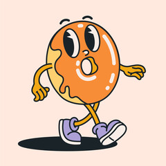 Groovy donut character with caramel orange glaze in fun retro cartoon style. Playful doughnut illustration with expressive face and lively walking pose. Great for stickers, menus and kids designs